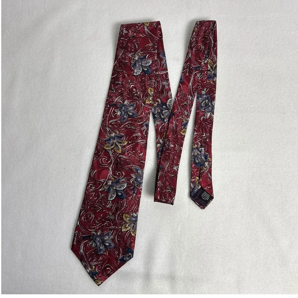 Vintage Dark‎ Academia Ambassador Mens OS Burgundy Floral Italian Silk Necktie